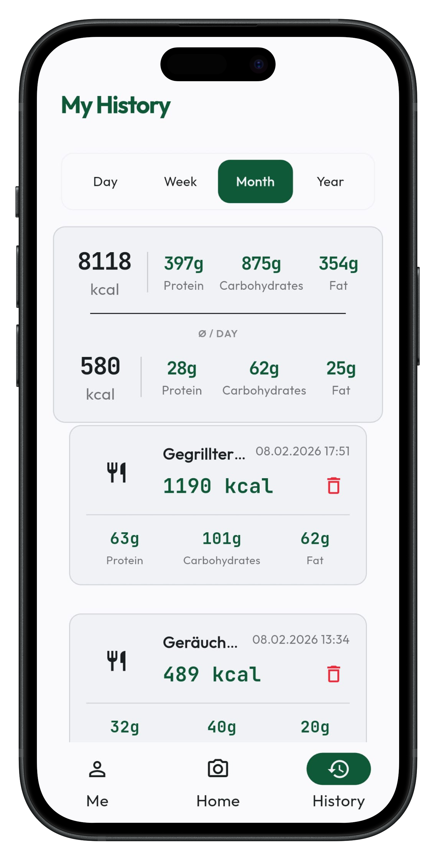 Kalorat app screenshot — history