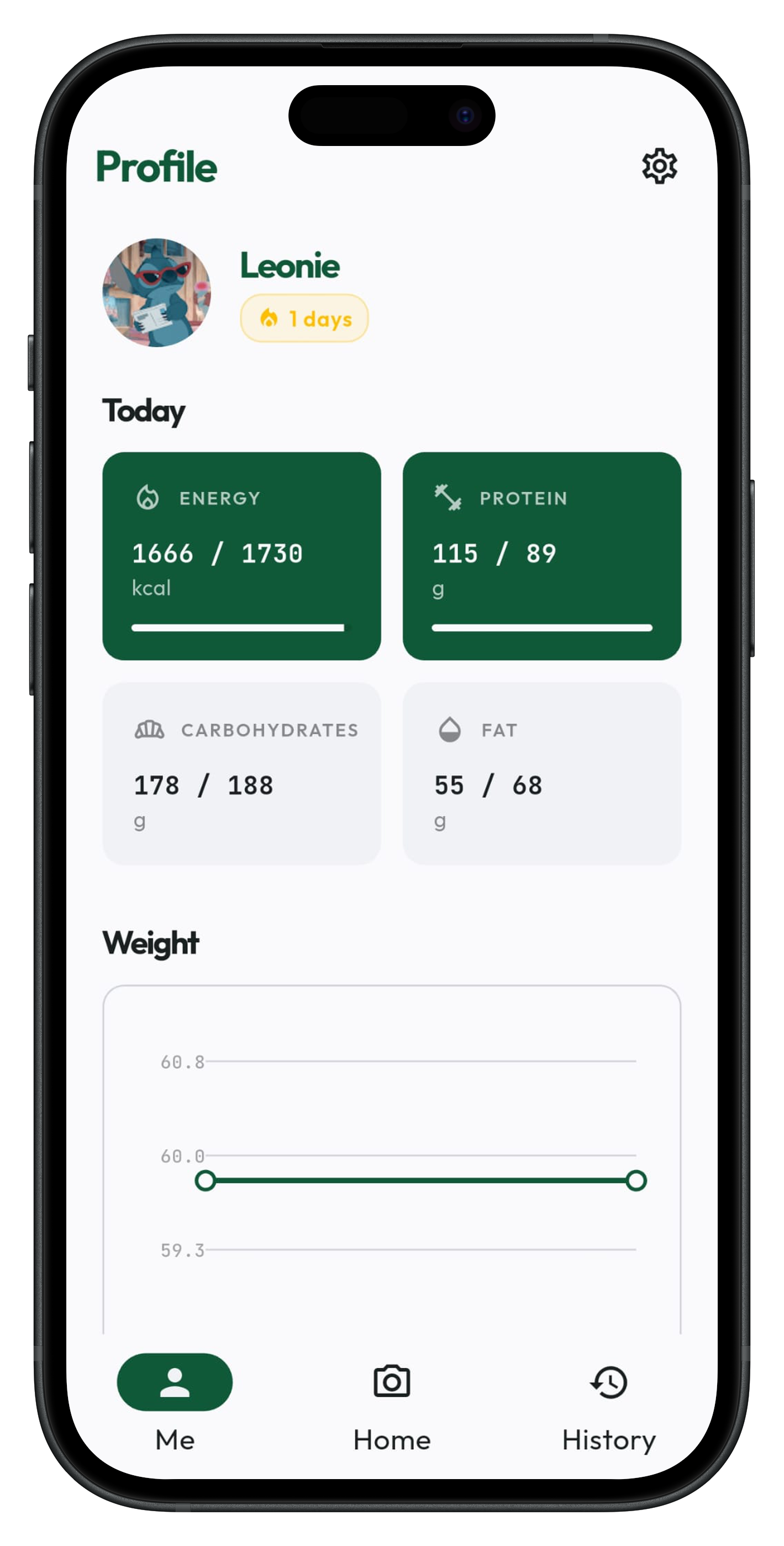 Kalorat app screenshot — profile