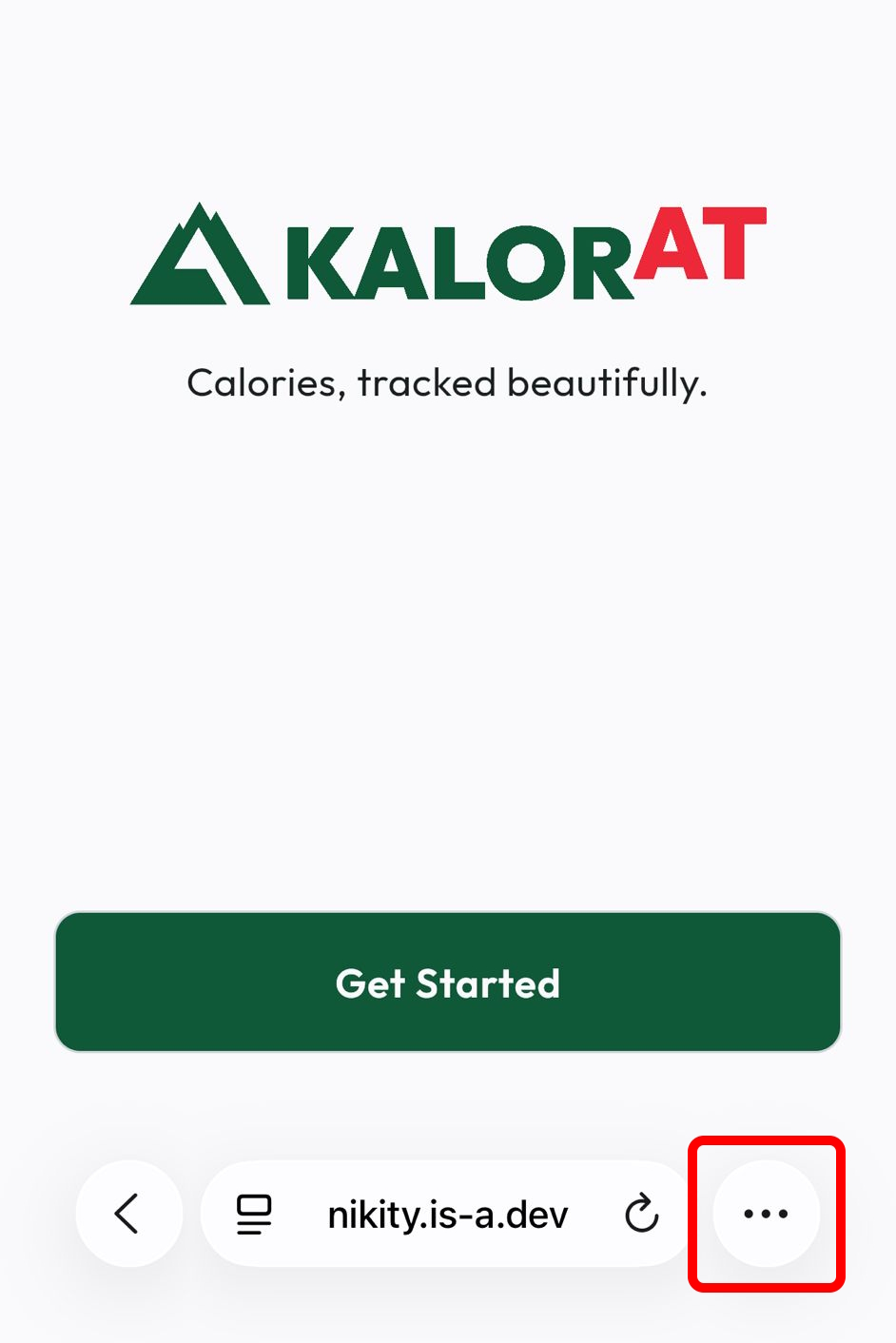 Screenshot showing Safari browser navigating to nikity.is-a.dev/kalorat/app with the URL bar visible