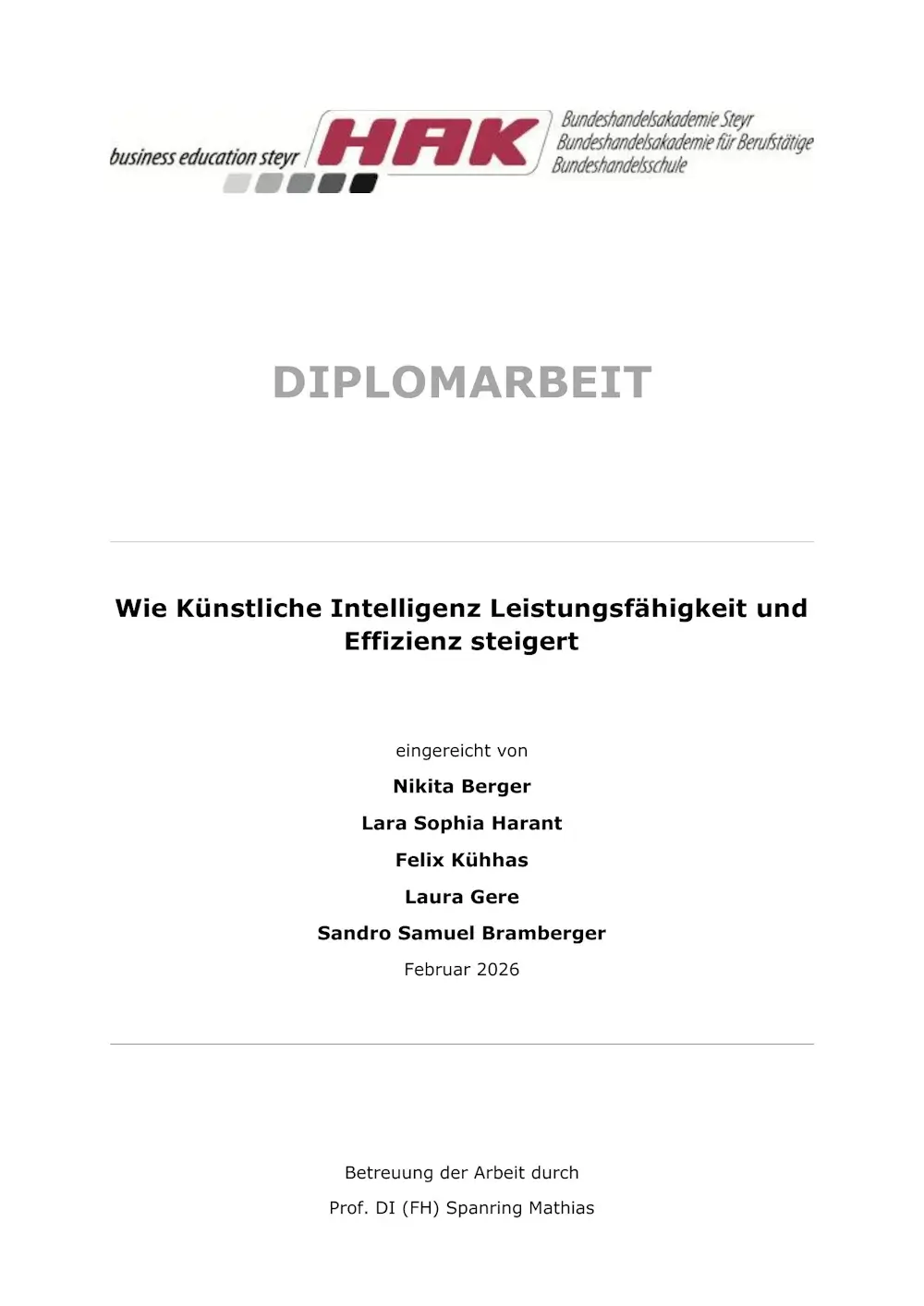 Cover page of the Diplomarbeit by Nikita Berger and team