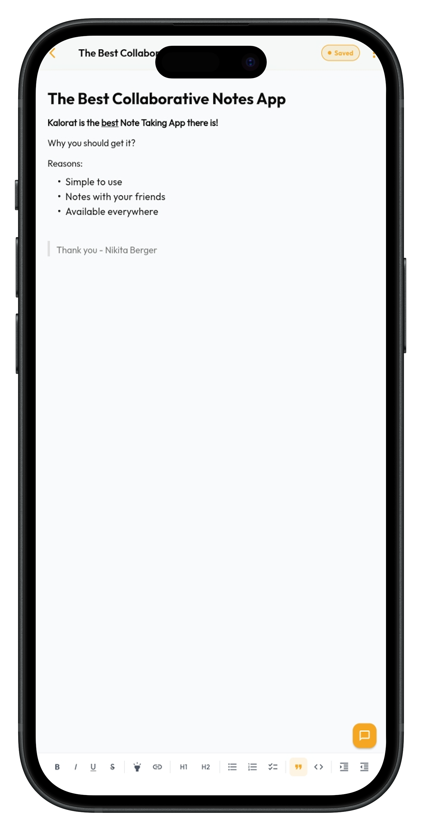 Noterat app screenshot — active editor with real-time collaboration showing multiple cursors and sync indicator