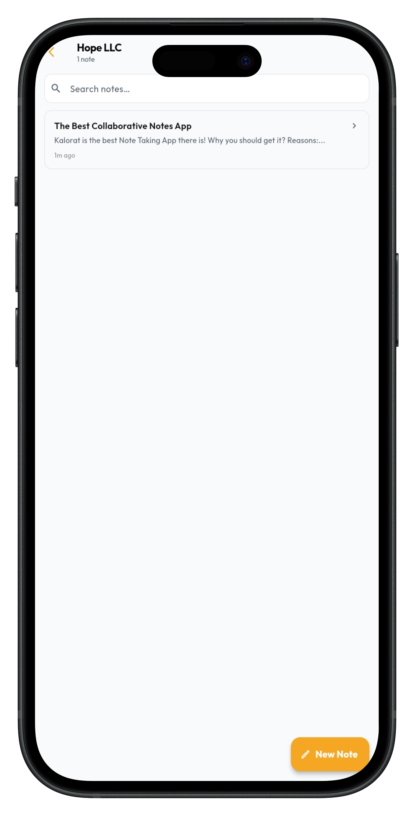 Noterat app screenshot — notes list view showing all workspace notes with search bar