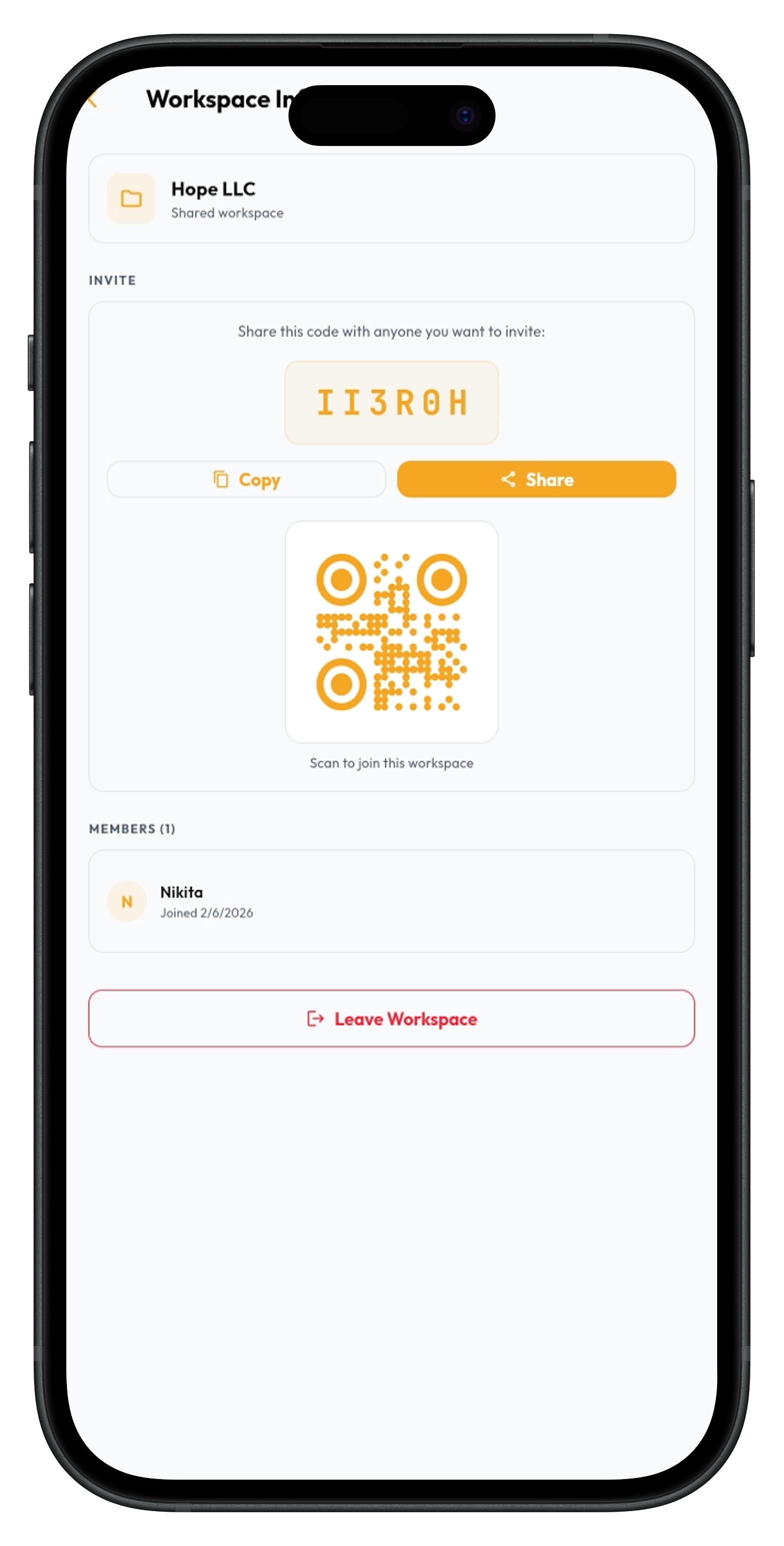 Noterat app screenshot — workspace settings with invite code display and member management