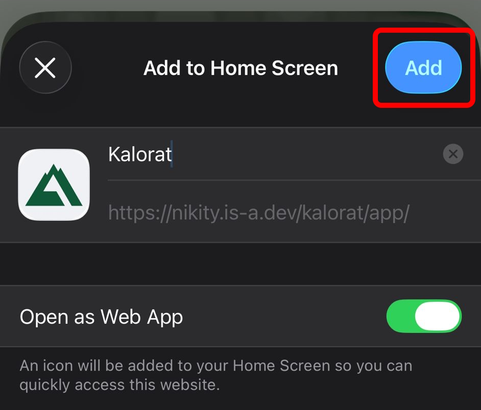 Screenshot of the 'Add to Home Screen' confirmation dialog showing Noterat name and icon with 'Add' button highlighted