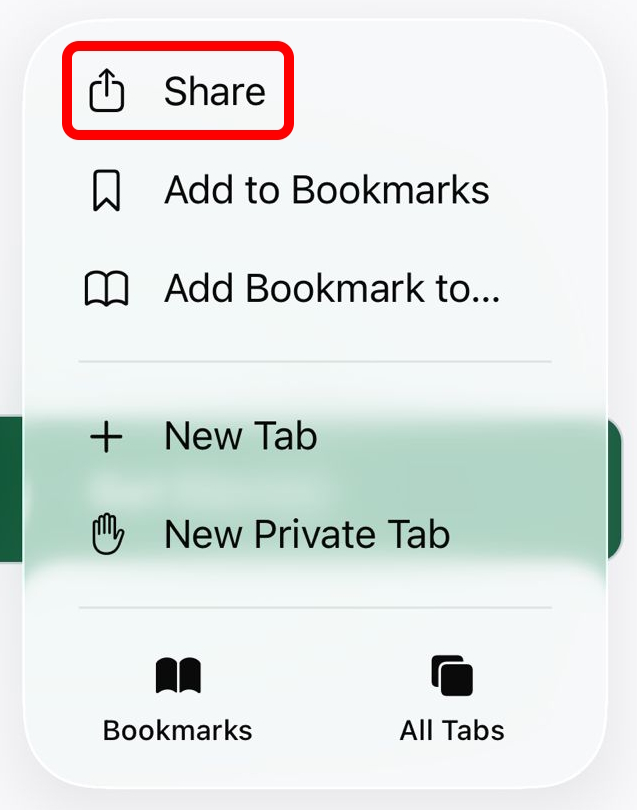 Screenshot highlighting the Safari share button (square with upward arrow) at the bottom toolbar