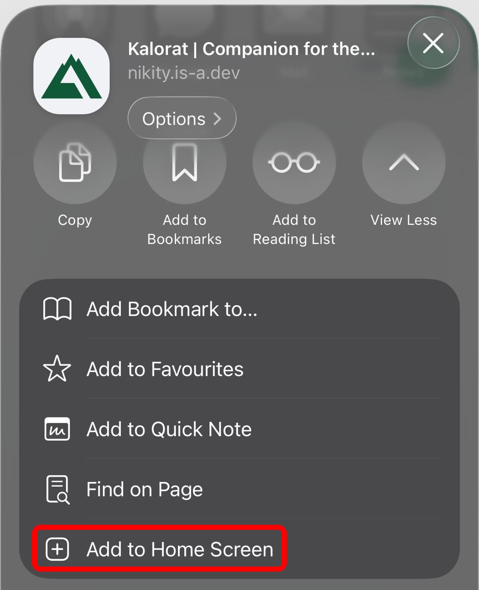 Screenshot of Safari share sheet with 'Add to Home Screen' option highlighted with a plus icon